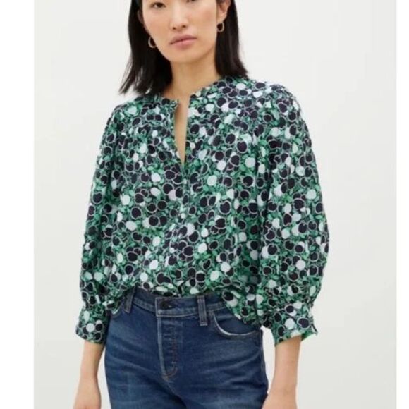 Maeve Anthropologie Top Blouse Womens L Green Henley Puff Sleeve Boho Cotton - Picture 1 of 9